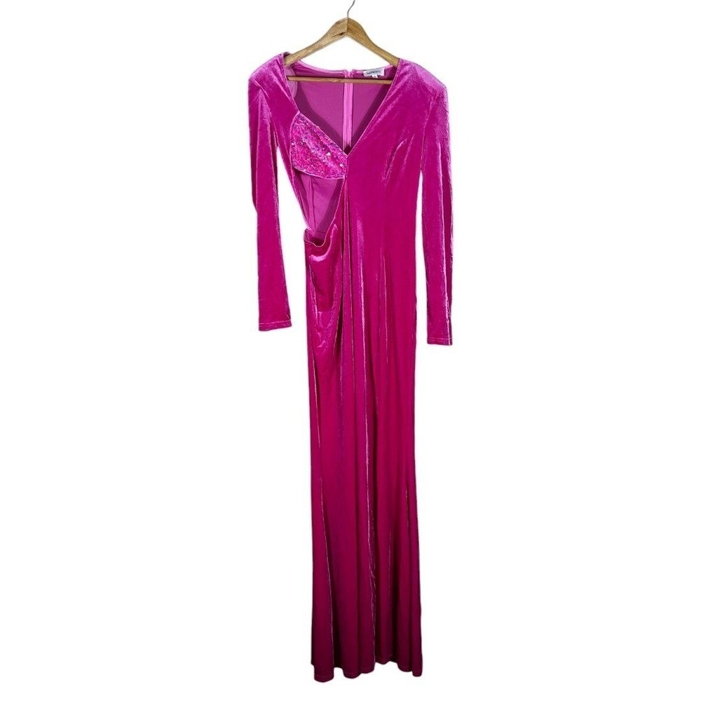 Faeriesty Velvet Sequin Cutout Maxi Dress Magenta Pink Glam Formal Gown Size XL - Picture 2 of 7